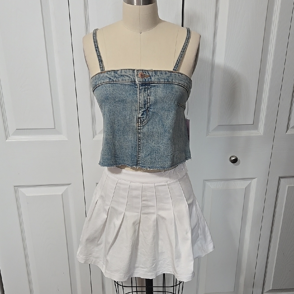 Denim Blue Reworked Cropped Top, Large Adjustable Straps Stretch Denim, NWT